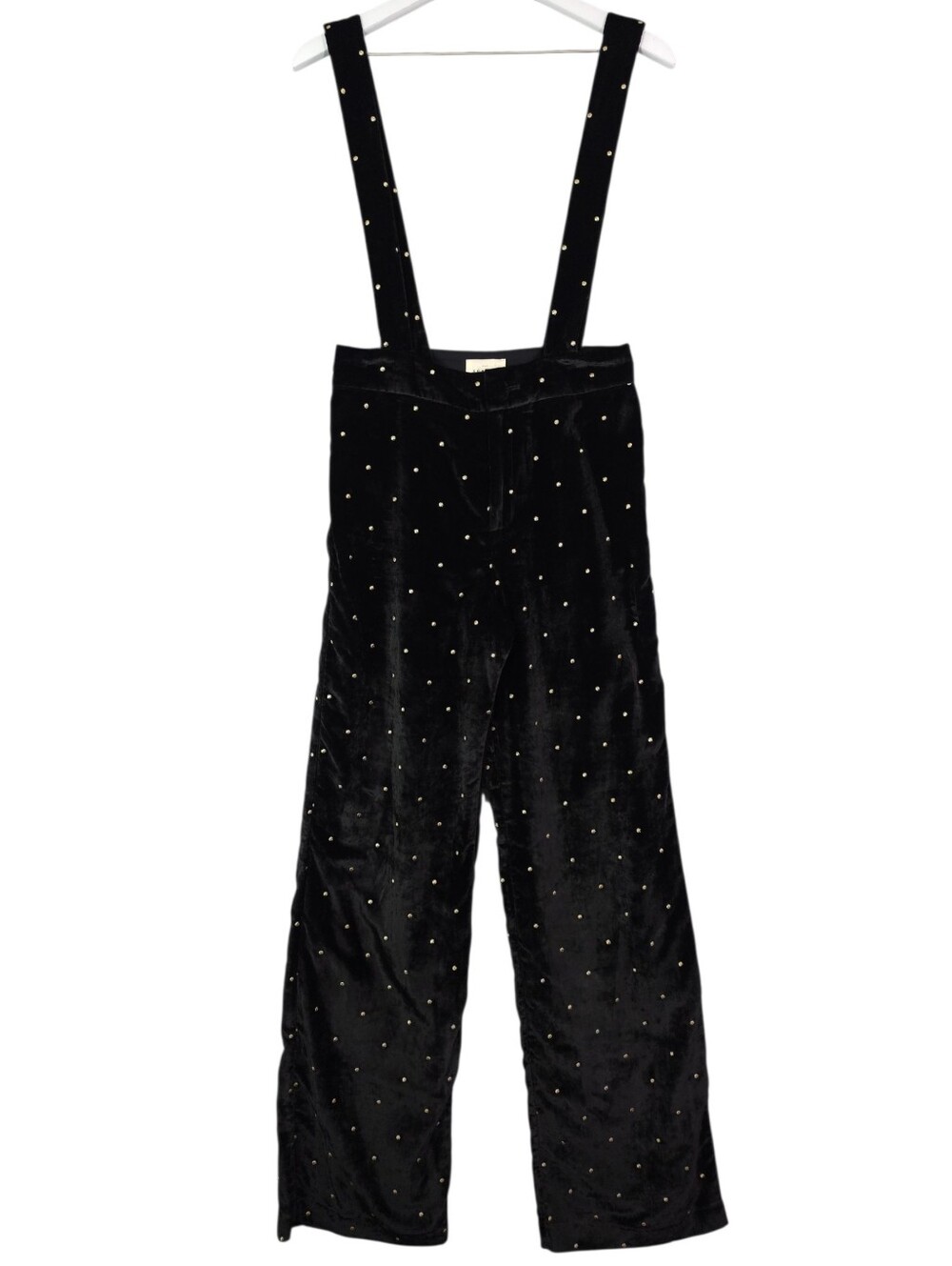 Sézane Siloe Black Velvet Gold Polka Dot Embroidered Overalls Suspenders - Picture 2 of 9